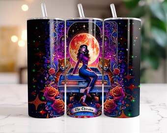 Chicana Tumbler Wrap, 20oz Skinny Tumbler Wrap Sublimazione PNG, Download immediato, Tumbler Wrap dritto PNG, Chola Tumbler Design Tarot