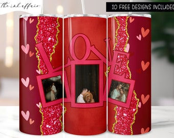 Add Your Own Photo Valentines Day 20 oz Skinny Tumbler Wrap, Red Glitter Brushstrokes Sublimation Design PNG, Love Tumbler, Instant Download