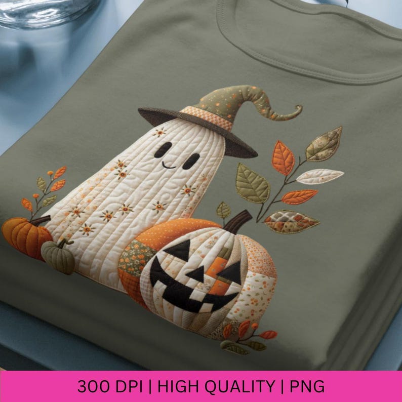 May include: Olive green long-sleeve shirt featuring a Halloween-themed design. The design includes a friendly ghost wearing a witch hat, a jack-o'-lantern, and pumpkins. The ghost and pumpkin are decorated with a patchwork design. The text "300 DPI | HIGH QUALITY | PNG" is at the bottom.