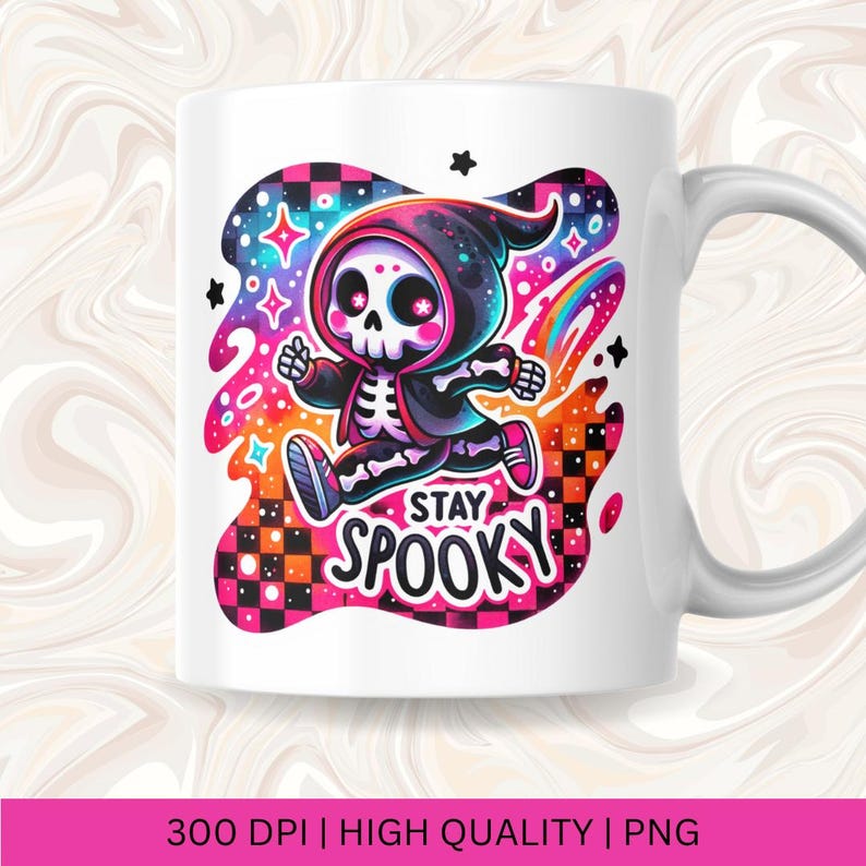 May include: White ceramic mug featuring a colourful graphic of a skeleton wearing a hooded cloak and running. The graphic includes a rainbow, stars, and the text "Stay Spooky".