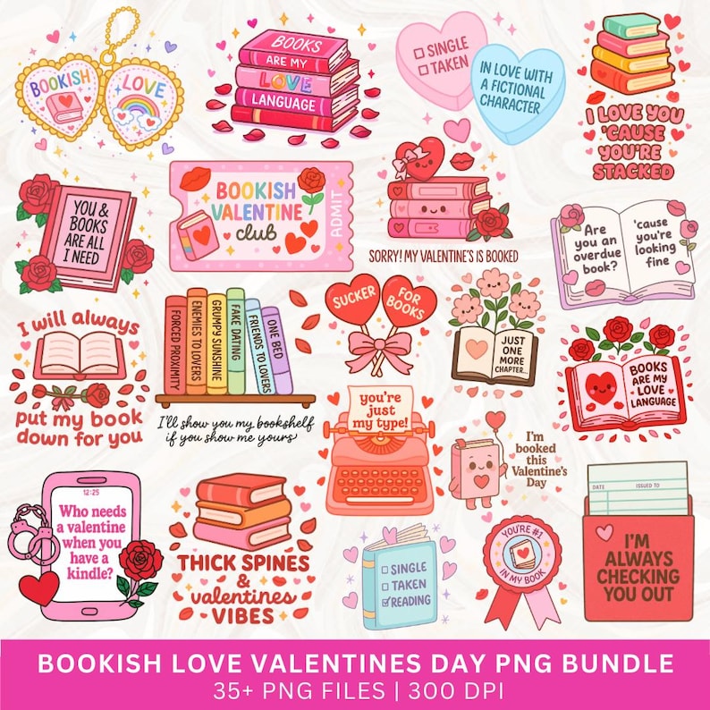Valentine Bookish PNG Bundle, Valentines Day Book Lover Sublimation ...
