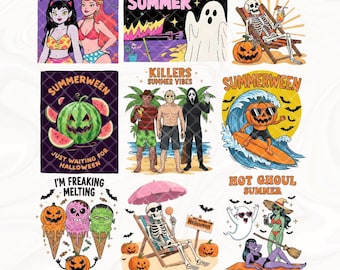 Pacchetto PNG di Halloween Summerween, PNG divertente e spettrale estivo, PNG retrò con scheletro fantasma e zucca horror, Sublimazione trendy di Halloween e spiaggia estiva