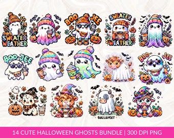 Retro Kawaii Fall Bundle PNG, Halloween Cute Ghost png bundle, Pumpkin png, Iridescent Ghosts Sweater Weather Bundle, T-shirt DTF Png