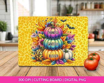 Thankful Grateful Blessed Cutting Board Design Download, Watercolour Fall Thanksgiving Pumpkin Glass Cutting Board PNG, Sublimation File PNG