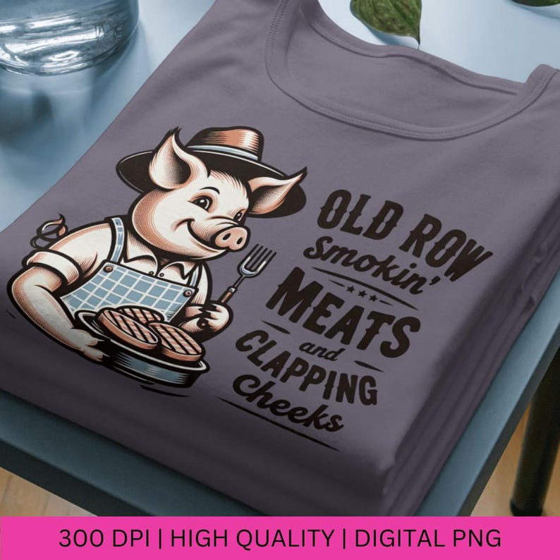 May include: A cartoon pig wearing a hat and overalls holds a plate of grilled meat. The text reads "Old Row Smokin' Meats and Clapping Cheeks".