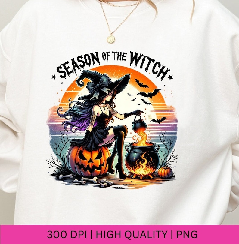 May include: A witch with purple hair sits on a jack-o'-lantern and stirs a cauldron with a flame underneath. The background is a sunset with bats flying in the sky. The text "Season of the Witch" is written in a circle around the witch and cauldron.