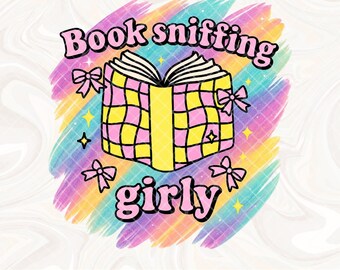Sublimación de chica olfateando libros PNG, lector Kindle PNG, Booktok Bookstagram, Feria del Libro Scholastic, lectura de moda, obscenidad, nerd de libros, introvertido