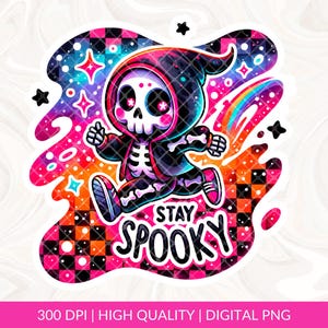 Stay Spooky PNG, Cute Halloween Clipart, Spooky Skeleton Sublimation Design, Dancing Grim Reaper Graveyard DTF Transfer Design, Tumbler Wrap