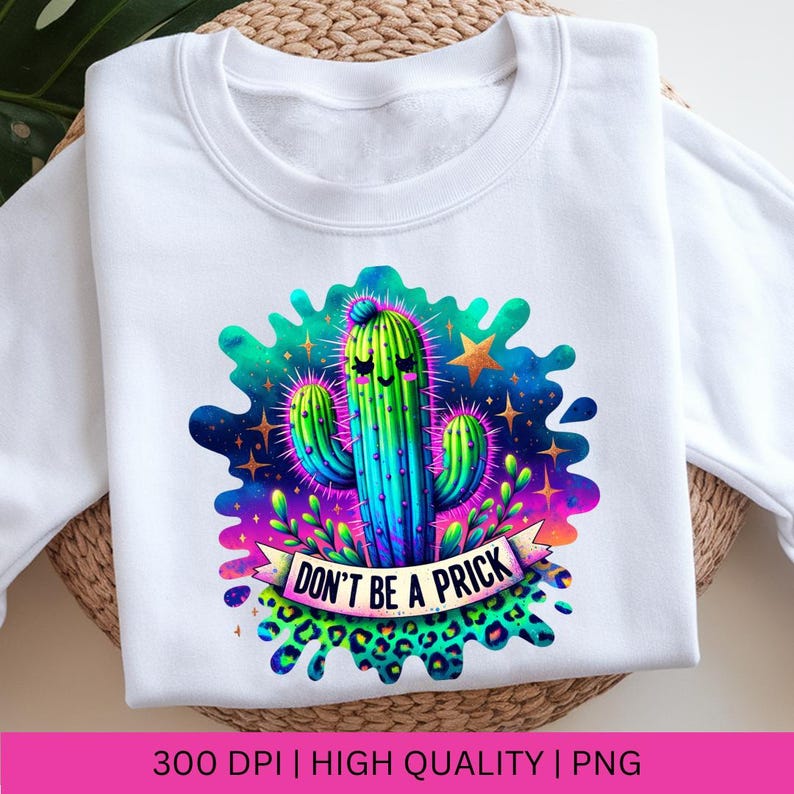 May include: A white sweatshirt with a colorful graphic of a cactus with a face and the text "Don't be a prick" on a pink banner. The cactus is surrounded by a splatter of paint with stars and leopard print.