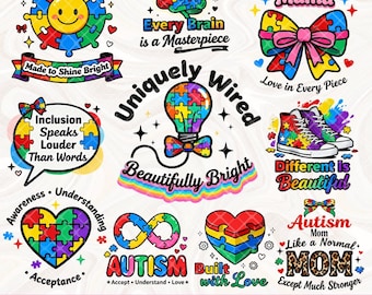 Pacote de PNGs de Autismo, PNGs de Autismo, Coquete de Conscientização sobre Autismo PNG, PNGs de Conscientização sobre Autismo, Fita de Quebra-Cabeça para Autismo, PNGs de Mãe Autista, Camiseta Autista PNG