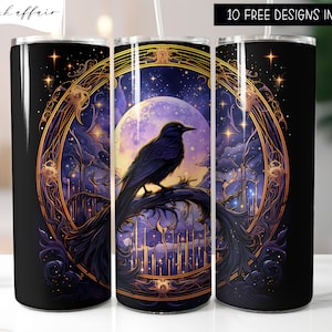 May include: A black and gold stainless steel tumbler featuring a raven perched on a branch beneath a crescent moon and stars. The design is enclosed within an ornate gold frame.
