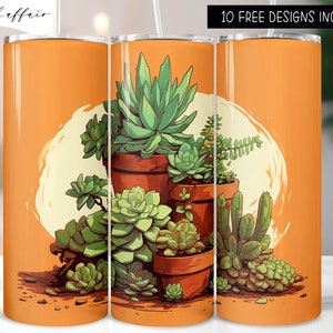 May include: A set of three orange tumblers with a design of succulents in terracotta pots. The succulents are green and brown and are arranged in a cluster. The tumblers are perfect for holding hot or cold beverages.