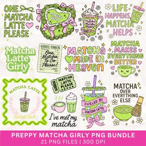 Matcha PNG-paket, kaffecitat, preppy sublimeringskaffeclipart, söt matcha iskaffe-klistermärke, rolig kaffekokett flickaktigt PNG-design