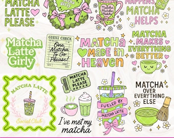 Matcha PNG Bundle, Coffee Quotes, Preppy Sublimation Coffee Clipart, Cute Matcha Iced Coffee Sticker, Funny Coffee Coquette Girly Png Design