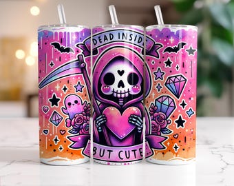 Lindo diseño de sublimación de vaso delgado de 20 oz de Goth, envoltorio de vaso Dead Inside But Still Cute, envoltorio de vaso de Goth pastel, descarga digital divertida