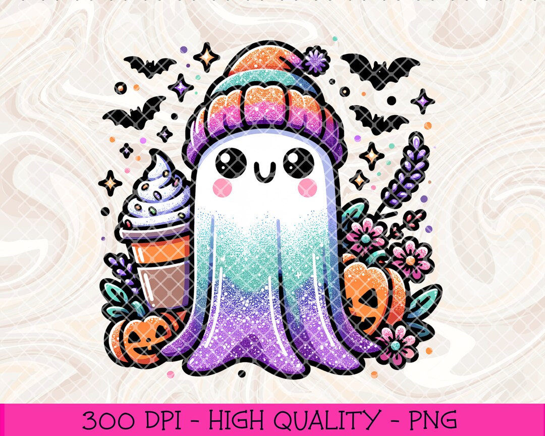 Cute Ghost Sublimation Design Png, Glitter Halloween Png, Pumpkin Latte ...