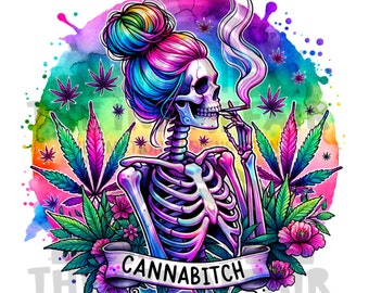 Camiseta taza con esqueleto de marihuana y bruja colorida, archivo PNG, diseño de sublimación, camiseta taza con calavera de moda y madre maldita