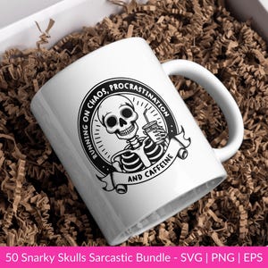 May include: White ceramic mug with a black and white graphic of a skeleton holding a cup of coffee. The graphic includes the text "Running on Chaos, Procrastination and Caffeine".
