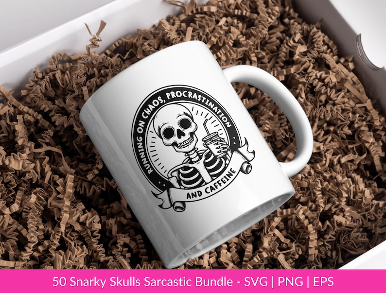 May include: White ceramic mug with a black and white graphic of a skeleton holding a cup of coffee. The graphic includes the text "Running on Chaos, Procrastination and Caffeine".