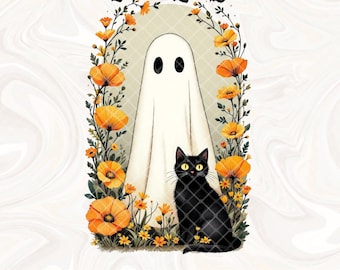 Chat et fantôme d'Halloween mignons png, floral effrayant rétro Halloween png, Halloween png, drôle d'Halloween png, chat noir png, fantôme mignon png