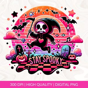 Stay Spooky PNG, Cute Halloween Clipart, Spooky Skeleton Sublimation Design, Dancing Grim Reaper Graveyard DTF Transfer Design, Tumbler Wrap