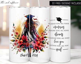 2024 Senior Graduation Girl Tumbler Wrap 20oz Skinny Tumbler Sublimation Class of 2024 Tumbler Graduation PNG Floral Cap Watercolour Glitter