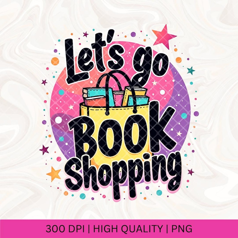 K&ouml;nnte beinhalten: Let's go book shopping Grafik mit einer gelben Einkaufstasche gef&uuml;llt mit bunten B&uuml;chern und einem rosa und violetten Hintergrund mit wei&szlig;en Sternen.