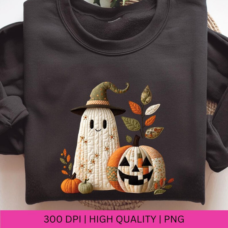 May include: Black sweatshirt featuring a Halloween-themed design. The design includes a ghost wearing a witch hat, a jack-o'-lantern, and pumpkins. The text "300 DPI | HIGH QUALITY | PNG" is at the bottom.