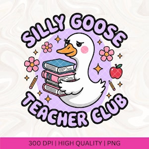 Op de afbeelding: Een cartoonafbeelding met een witte gans die boeken vasthoudt, omringd door bloemen, potloden en een appel. De tekst luidt "Silly Goose Teacher Club" in een speels lettertype, tegen een lavendelkleurige achtergrond.