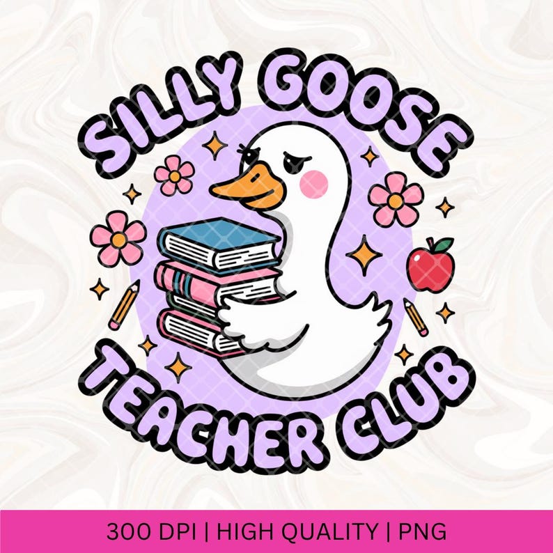Op de afbeelding: Een cartoonafbeelding met een witte gans die boeken vasthoudt, omringd door bloemen, potloden en een appel. De tekst luidt "Silly Goose Teacher Club" in een speels lettertype, tegen een lavendelkleurige achtergrond.