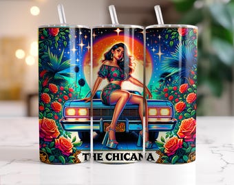 Chicana Tumbler Wrap, 20oz Skinny Tumbler Wrap Sublimazione PNG, Download immediato, Tumbler Wrap dritto PNG, Chola Tumbler Design Tarot