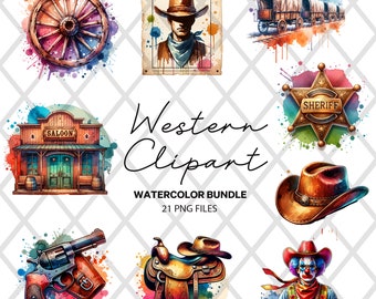 Western Cowboy Clipart Bundle, Watercolour Western PNGs, Country Boots Saddle Rustic Design, Texas Horse Ranch Cowboy Bundle PNG Format