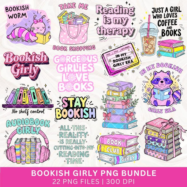 Boklig tjej PNG-paket, bokliga citat, ordspråk, sublimering, bokälskare, clipart, söt boklig klistermärke, rolig kokett, boklig tjejig rosa png bild 1
