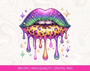 May include: A pair of rainbow-coloured lips with a leopard print design dripping with glitter. The lips are outlined in black and have a glossy finish.