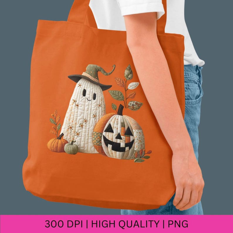 May include: Orange tote bag featuring a Halloween design. The design includes a friendly ghost wearing a witch hat, a patchwork pumpkin with a carved face, and smaller pumpkins. The text "300 DPI | HIGH QUALITY | PNG" is at the bottom.