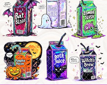 Halloween Juice Box Bundle PNG, Spooky Cute Juice Box Png, Goth Halloween Drink Stickers Sublimation PNG, Pastel Goth Magnet Creepy Kawaii