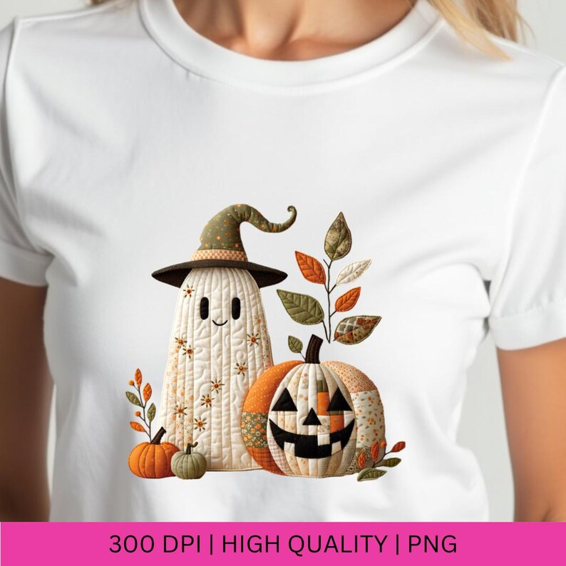 May include: White t-shirt featuring a Halloween-themed design. The design includes a smiling ghost wearing a witch hat, a patchwork pumpkin with a carved face, and autumn leaves. The text "300 DPI | HIGH QUALITY | PNG" is at the bottom.