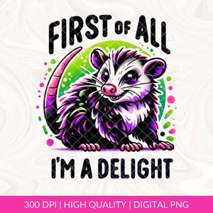 First Of All I&#39;m A Delight Sarcastic PNG, Funny Possum Sublimation, Funny Racoon Png, Angry Possum PNG, Funny Animal png, Possum Lover Gifts