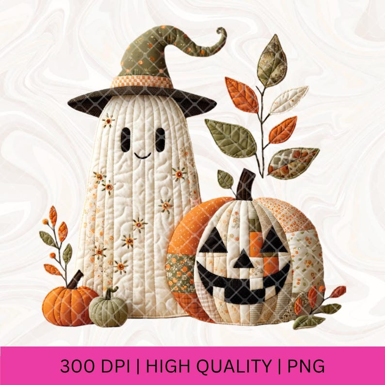 May include: A quilted Halloween-themed design featuring a ghost wearing a witch hat, a jack-o'-lantern, and pumpkins. The ghost is white with a smiling face and floral accents. The jack-o'-lantern has a carved face. The image includes the text "300 DPI | HIGH QUALITY | PNG".