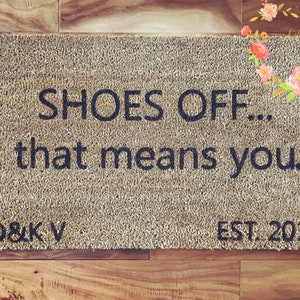 Custom Family Door Mat, SHOES OFF, Wedding gift, Housewarming gift, Home Decor Welcome Mat, Personalized image 2