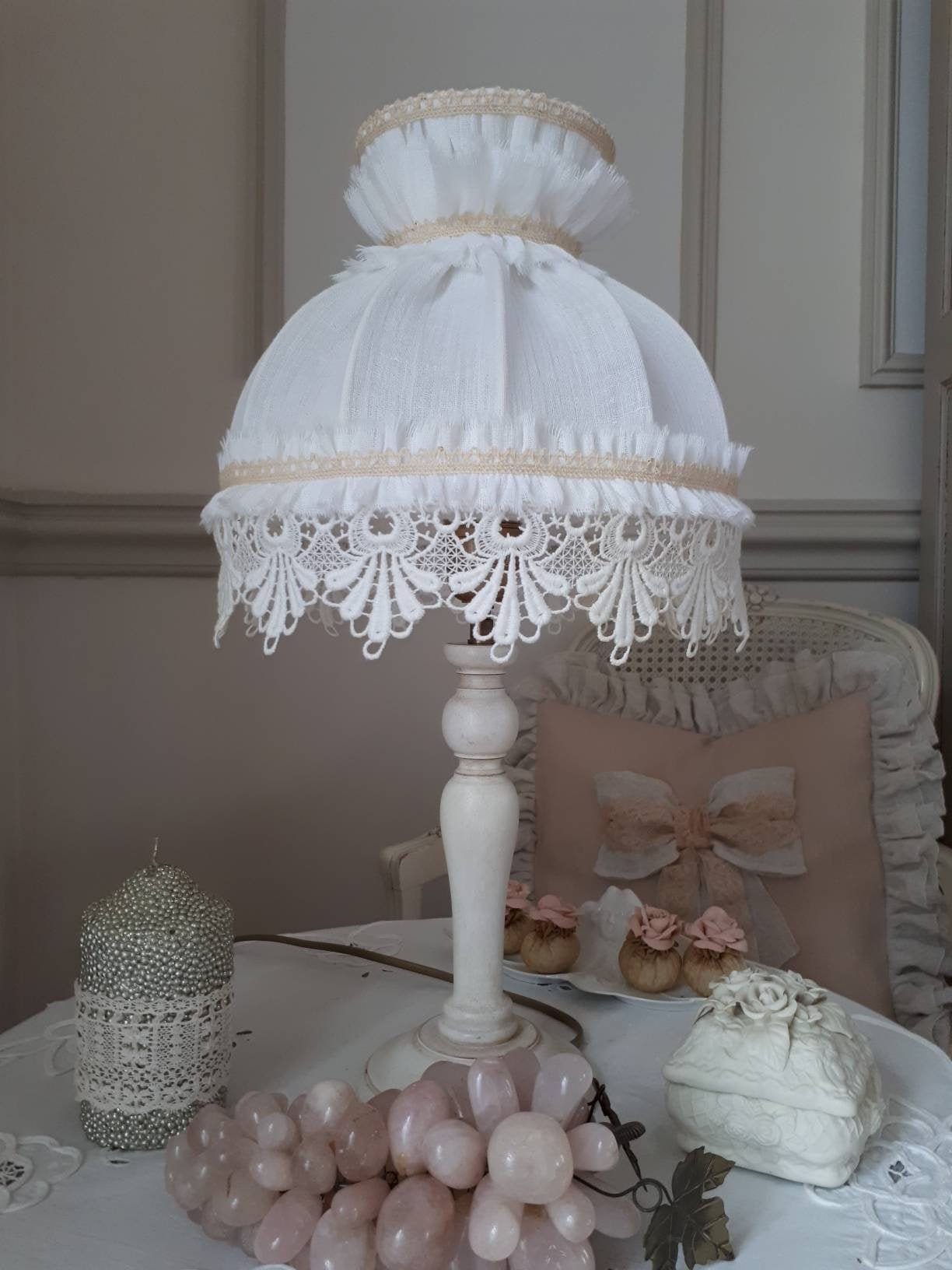 Abat-Jour Blanc Shabby, Abat-Jour Raffiné Français, Romantique, Frou.frou