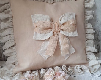 Old lace knot cushion cover, French decorative cushion, powder pink linen cushion with ruffles