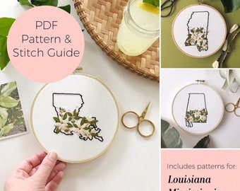 Louisiana Alabama Mississippi States Embroidery Pattern - Instant Digital Download -PDF Embroidery Pattern and Stitch Guide