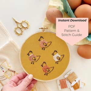 Grandma&#39;s Chickens Embroidery Pattern - Instant Digital Download - PDF Embroidery Pattern and Stitch Guide