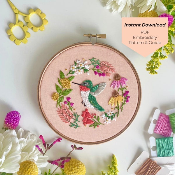 Hummingbird Haven Embroidery Pattern - Instant Digital Download - PDF Embroidery Pattern and Stitch Guide