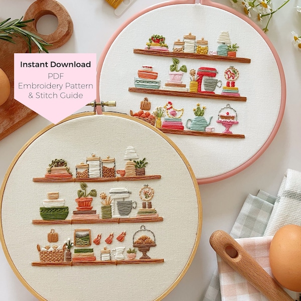 Petit motif de broderie de cuisine - Téléchargement numérique instantané - 2 motifs de broderie PDF et guides de points