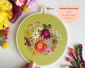 Vintage Summer Bouquet Embroidery Pattern - Instant Digital Download - PDF Embroidery Pattern and Stitch Guide