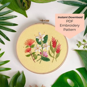 May include: A yellow embroidery hoop with a floral design featuring white, red, and pink flowers. The text "Instant Download PDF Embroidery Pattern" is in a pink box at the top of the image.
