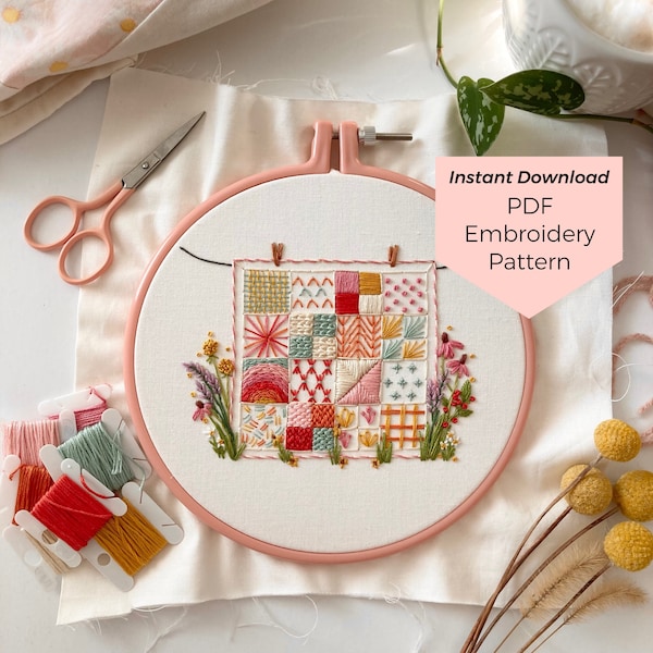 Cozy Quilt Embroidery Pattern - Instant Digital Download - PDF Embroidery Pattern and Stitch Guide