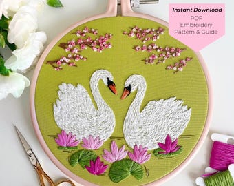 Swan Garden Embroidery Pattern - Instant Digital Download - PDF Embroidery Pattern and Stitch Guide